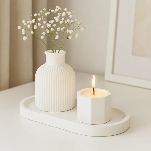 Portavelas Octogonal Yeso Velas Deco Home Blanco Cera Soja
