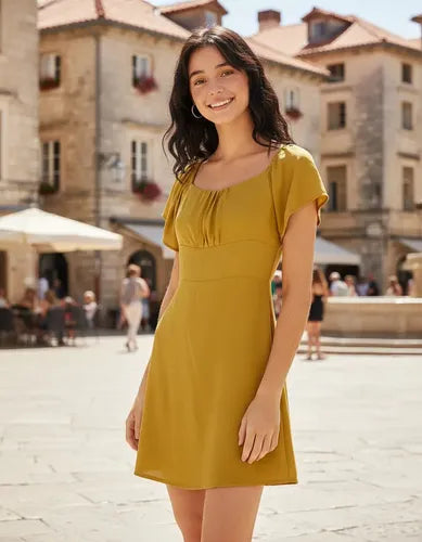 Vestido Casual De Manga Corta Mujer Rimmel Mostaza Liso M
