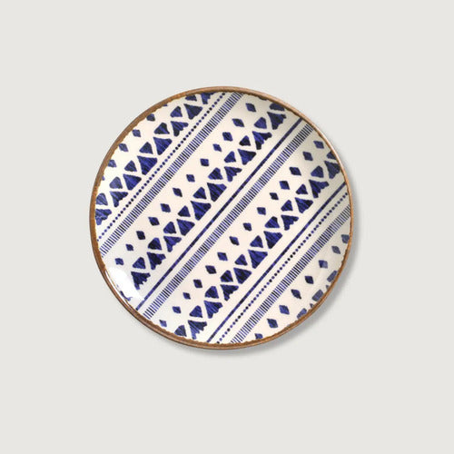 Platos Postre X6 Cerámica Beige C/deco Azteca Azul 20,5cm