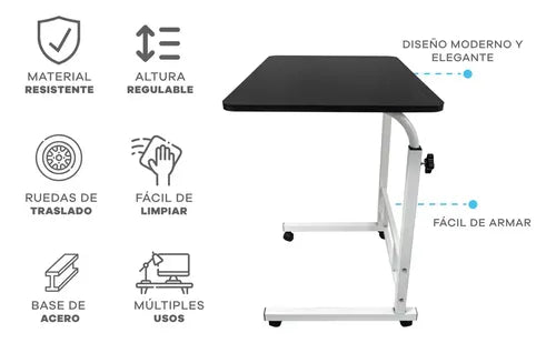 Mesa Con Ruedas Multifuncion Regulable Ideal Notebook Comer Negra Veteada