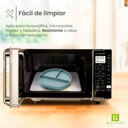 Set Cubiertos Alimentacion Bebe Silicona Plato Ventosas Color Celeste