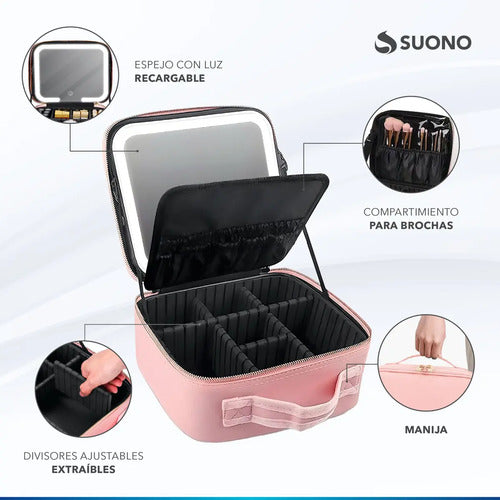 Maletín Organizador Suono Espejo Led Recargable Ro Rosa
