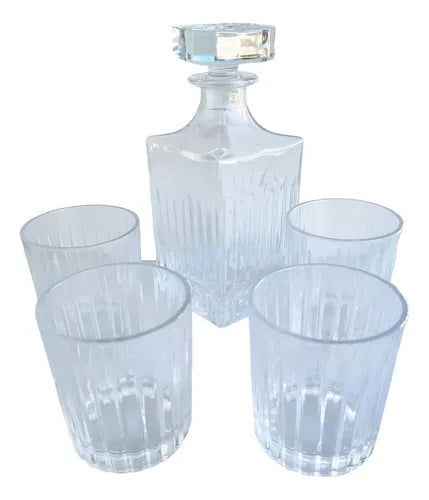 Set Mishka De 4 Vasos Whisky Vidrio 350ml Y Botella 750ml Diseño Líneas Cristal