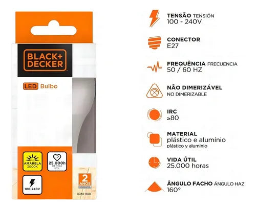 Bombilla Led A60, 15 W, 6500 K, Blanco Frío, Negro+decker,