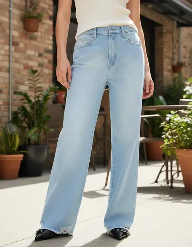 Jean Straight Destroyed Anchos Cher Mix Mujer Algodón