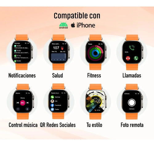 Smartwatch Technology Ultra Hombre Mujer Malla Extra Beige Deportiva Naranja Y Gris