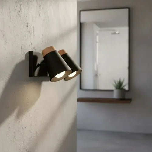 Aplique Doble 2 Luces Baño Pasillo Madera Led E27 Negro
