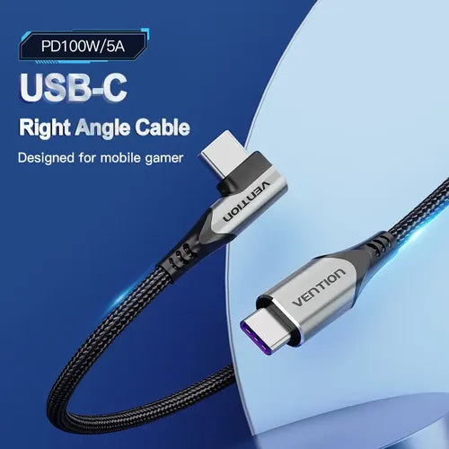 Cable Usb C Vention - Usb Tipo C A Codo 90 En L - Carga Rapida 5a - 1.50 Metros - Aluminio Y Trenzado - Cargador Y... Negro