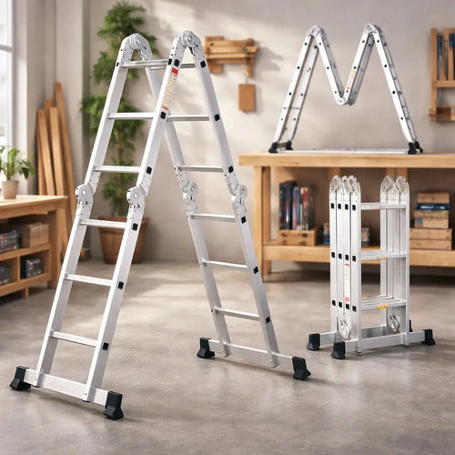 Escalera De Aluminio Articulada 12 Escalones Antideslizante Multiproposito Ajustable Portatil Calidad Durabilidad Resistente Todo Tipo De Trabajo Reforzada Firme Liviana Transportable Funcional