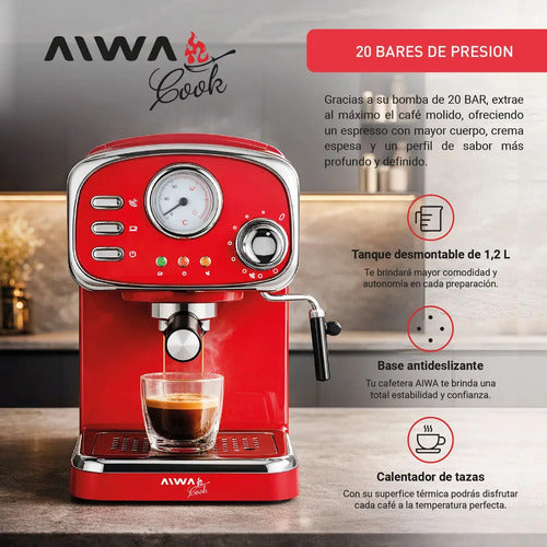Cafetera Espresso Estilo Vintage Aiwa 1,25 L Con Vaporizador Color Rojo