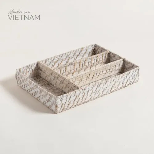 Cubiertero Bamboo Y Rattan Organizador Cubiertos 35 X 25 Cm Blanco