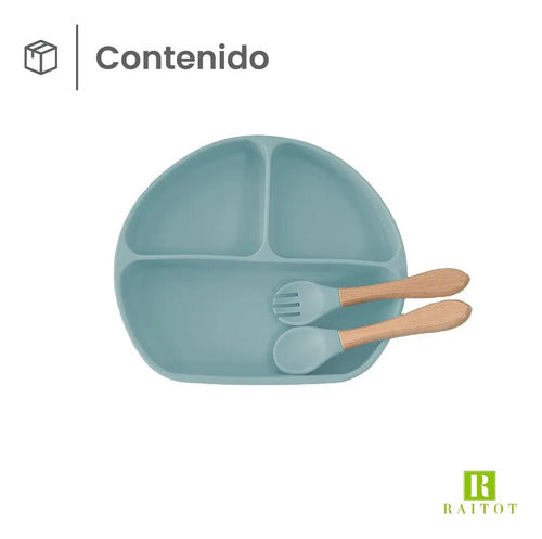 Set Cubiertos Alimentacion Bebe Silicona Plato Ventosas Color Celeste