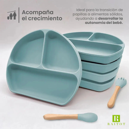 Set Cubiertos Alimentacion Bebe Silicona Plato Ventosas Color Celeste
