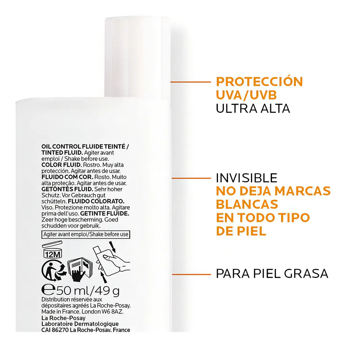 La Roche-Posay Anthelios UVMune 400 Oil Control Fluido FPS50+ Con Color, Protector Solar, 12 Horas de Protección con Efecto Matificante, Control de Exceso de Grasa en la Piel, Acabado Seco, 50 ml