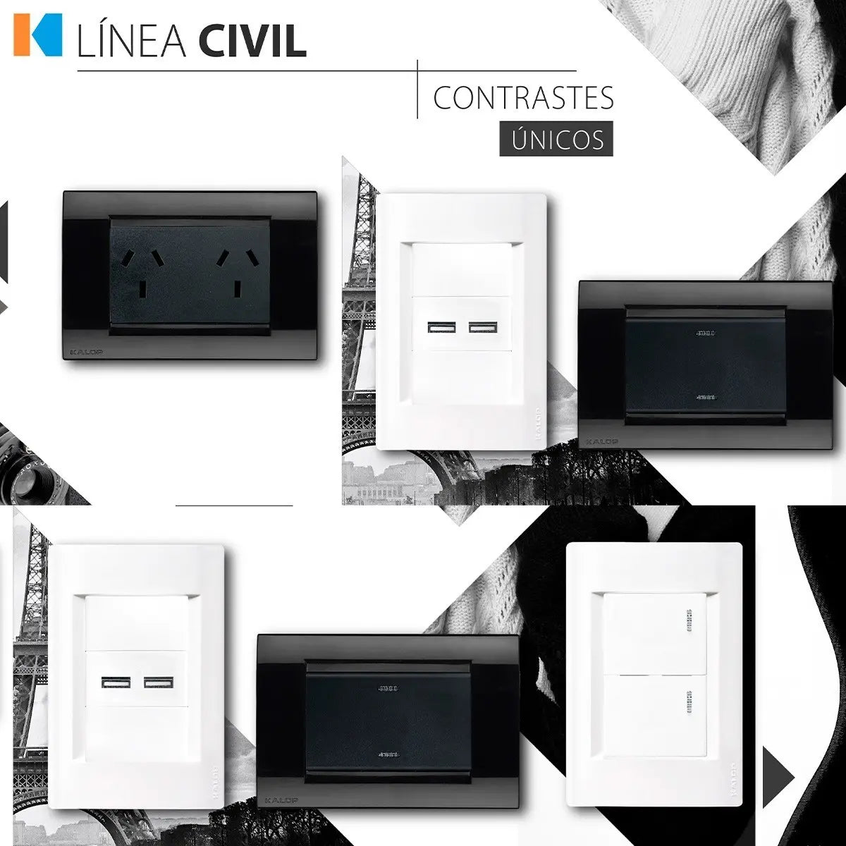 Llave De Luz Armada Kalop Civil Toma 20amp Negro