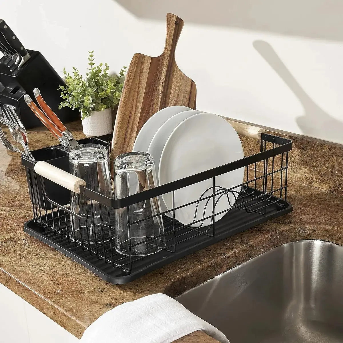 Escurridor Secaplatos Platos Cubiertos Acero Negro Cocina Organizador Vajilla Porta Cubiertos Compacto Resistente Diseño Moderno Levys Bazar Negro