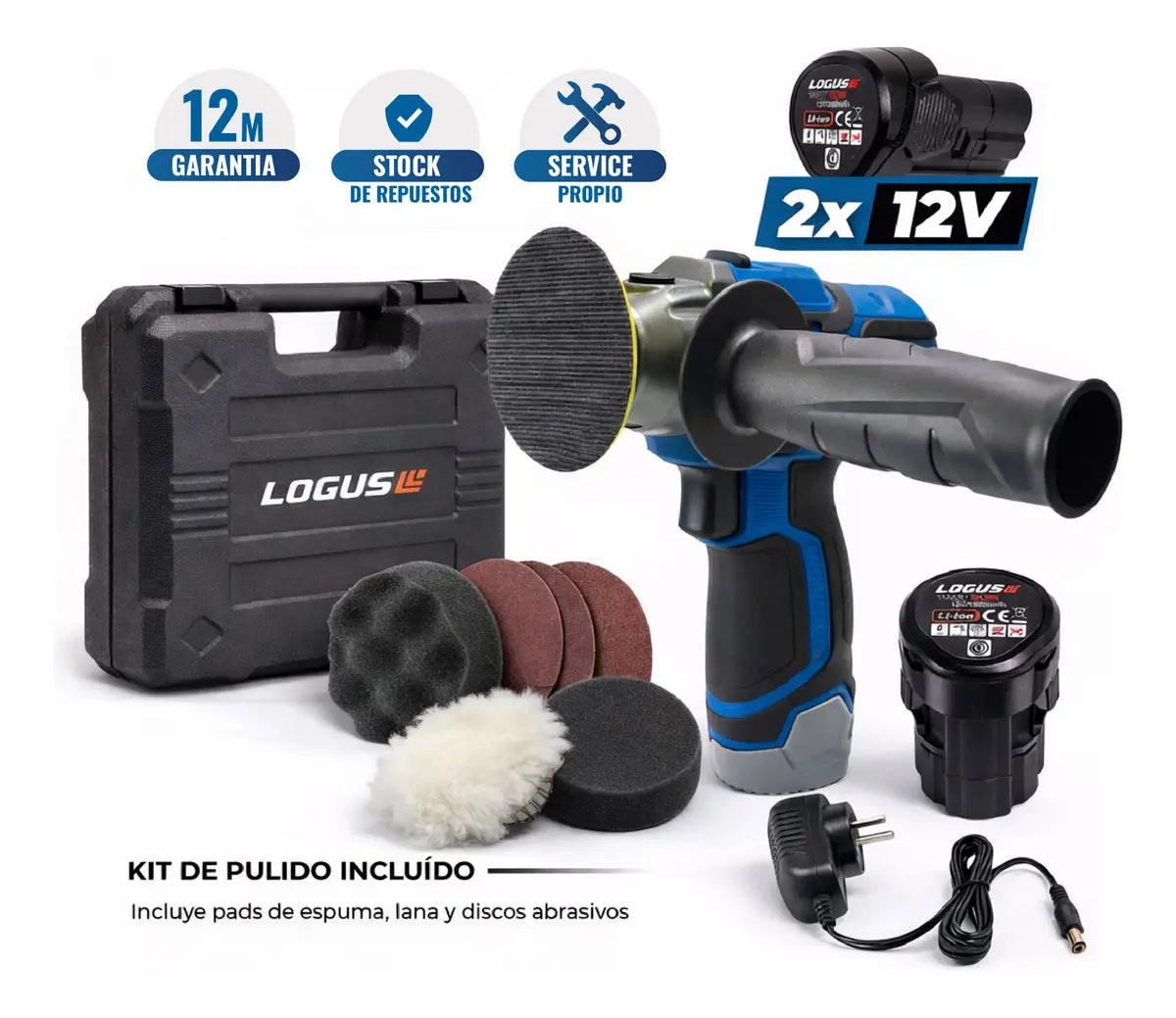 Pulidora Lijadora Inalámbrica Logus 8300rpm C/Batería Cargador 6 Accesorios y Maletín