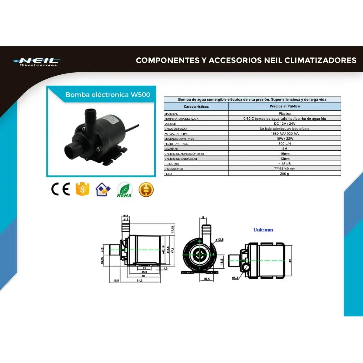 Bomba De Agua Electrónica Brushless 12v Caudal 800l/h - 19w
