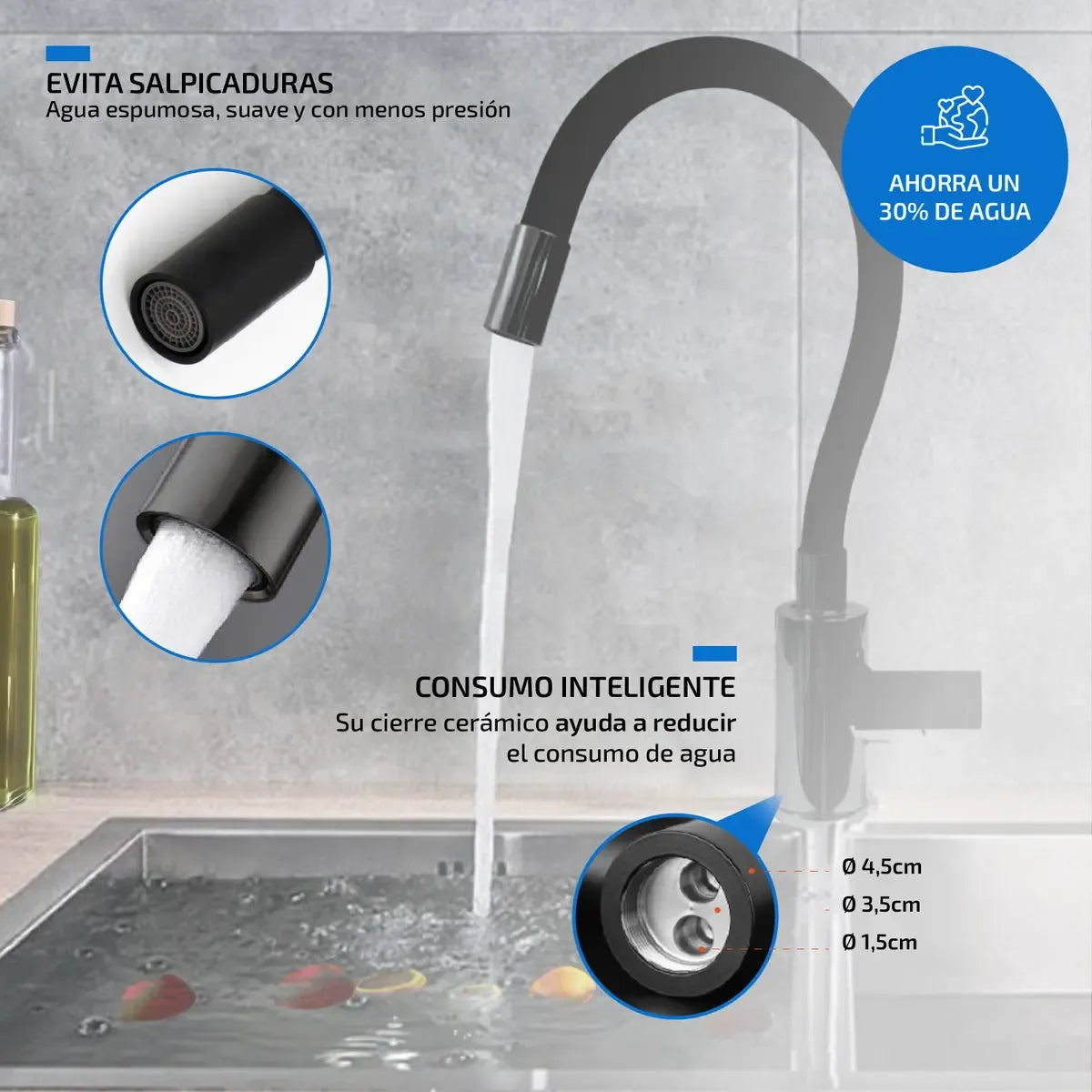 Griferia cocina canilla monocomando cuello goma negra mate color negro