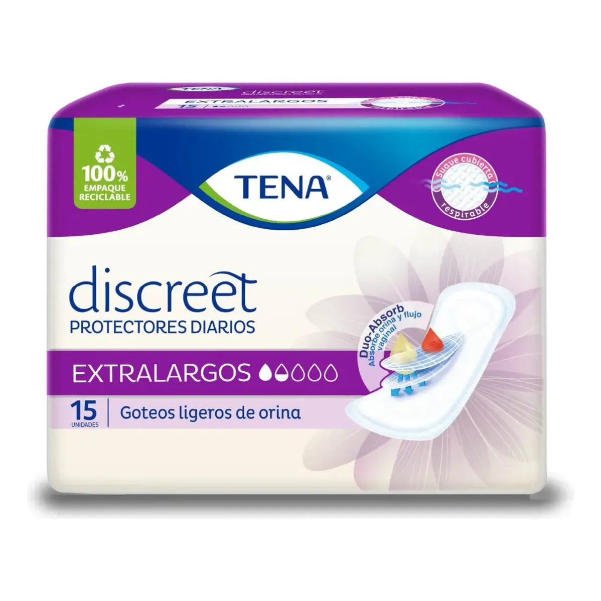 Protector Diario Tena Discreet Extra Grande con Neutralizador de Olores, 15 Unidades