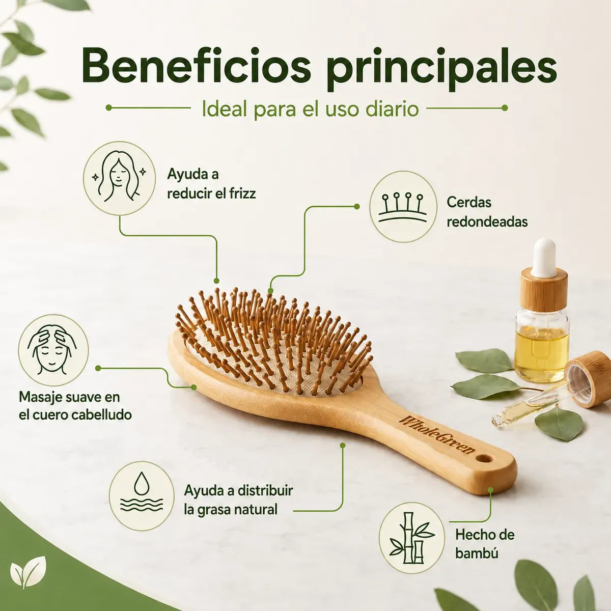 Cepillo De Pelo Bambú Whole Green De Madera Biodegradable
