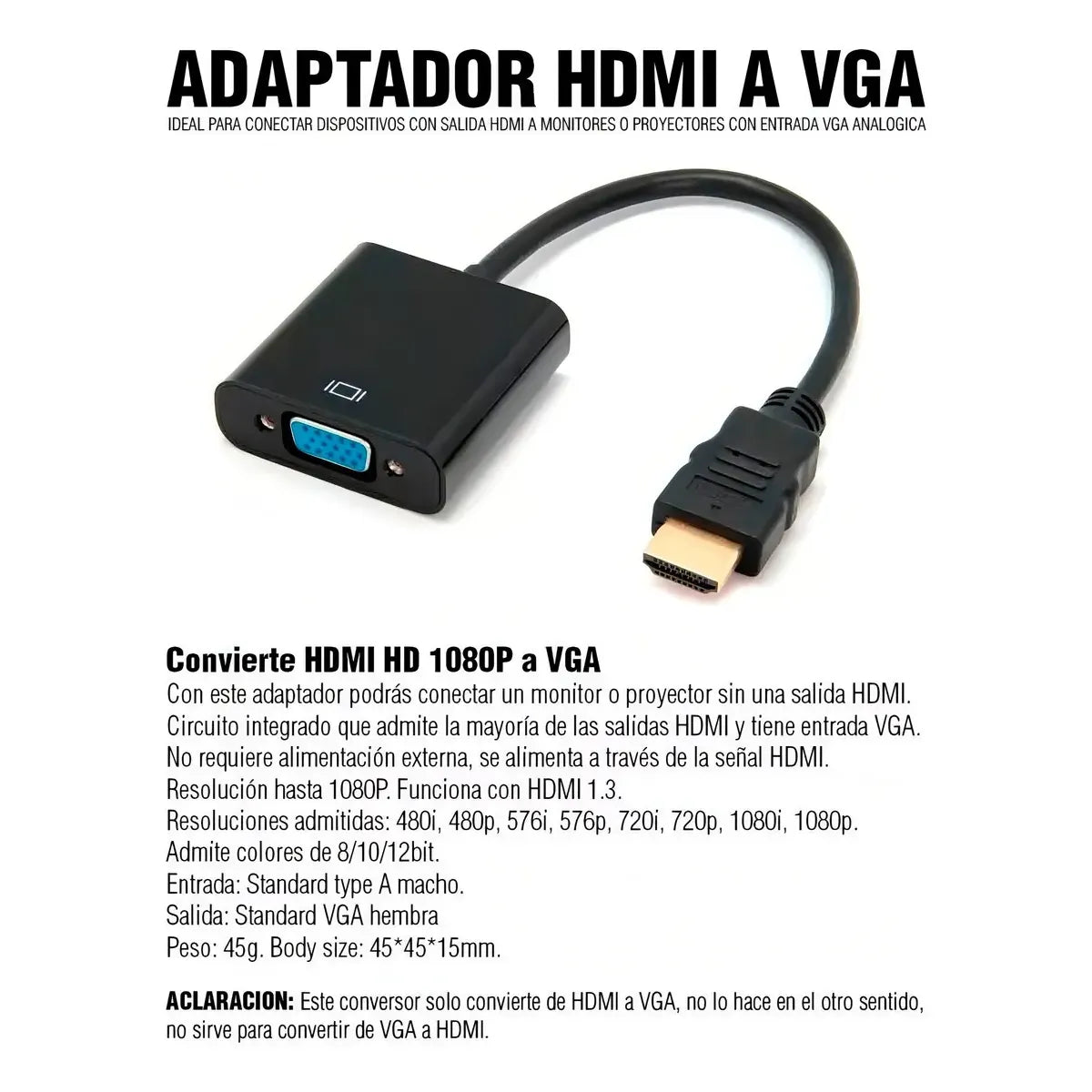 Cable Adaptador Elemax HDMI A VGA Negro 1080p 60Hz Xbox Series S