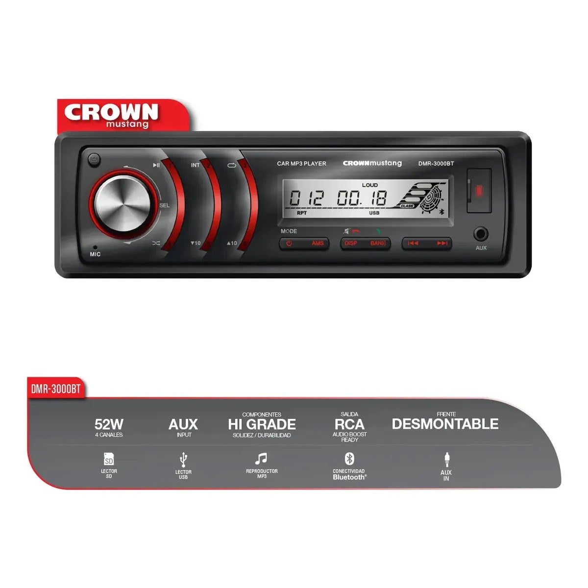 Estéreo Crown Mustang Dmr-3000bt Bluetooth Sin Pantalla MP3 / WMA / WAV Desmontable