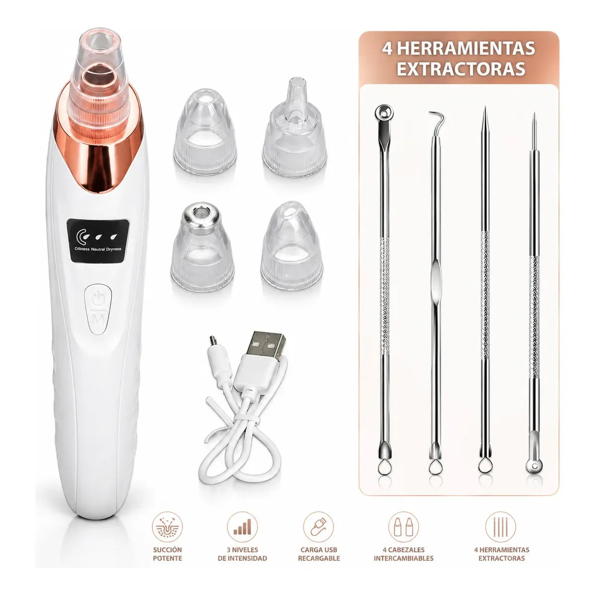 Extractor Puntos Negros Y Espinillas Usb + Set Removedor