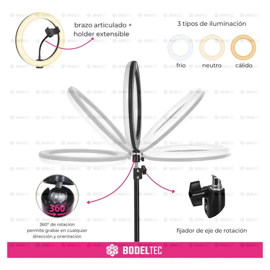 Aro De Luz Led Bodeltec 30cm Con Trípode Extensible 2 Metros