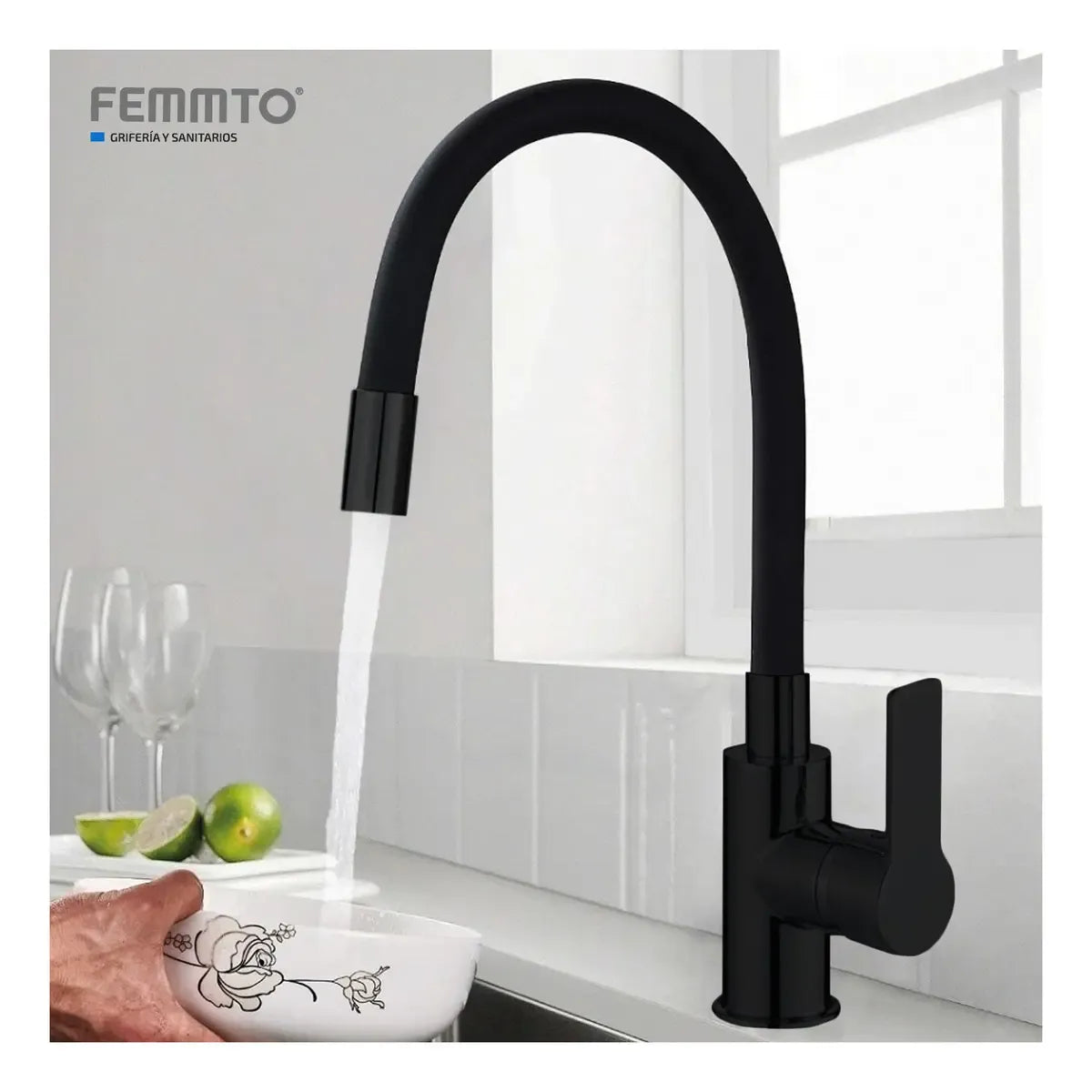 Griferia cocina canilla monocomando cuello goma negra mate color negro