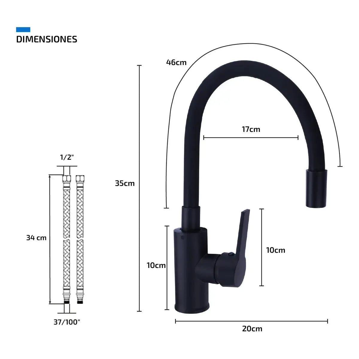 Griferia cocina canilla monocomando cuello goma negra mate color negro